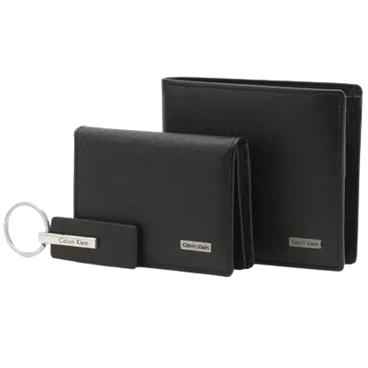 Calvin Klein Wallet Set: Black 100% genuine leather bifold wallet with embossed logo in a luxury white gift box.