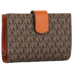 Michael Kors Wallet: Women’s beige and brown genuine leather Jet Set wallet with MK monogram and gold-tone hardware.