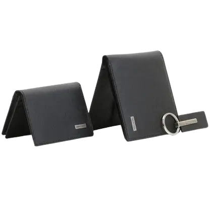 Calvin Klein Wallet Set: Black 100% genuine leather bifold wallet with embossed logo in a luxury white gift box.
