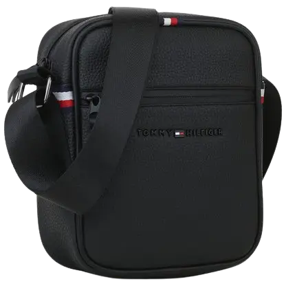 3 Incredible views of the legendary Tommy Hilfiger Bag in black genuine leather crossbody style for men and women.