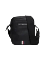"5 Incredible close-up angles of the Legendary Tommy Hilfiger Bag Business Crossover in black genuine leather, featuring the executive 6 cm depth and polished hardware."