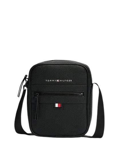 "Close-up of 3 Incredible angles of the Legendary Tommy Hilfiger Bag in black genuine leather, compact size 21x17x6 cm with premium TH metal logo."