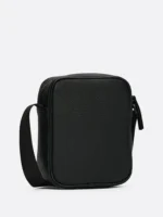 "Close-up of 3 Incredible angles of the Legendary Tommy Hilfiger Bag in black genuine leather, compact size 21x17x6 cm with premium TH metal logo."