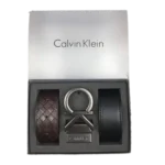 Calvin Klein Belt Set: Black and brown 100% genuine leather belt set with silver stainless steel buckle and luxury gift packaging.