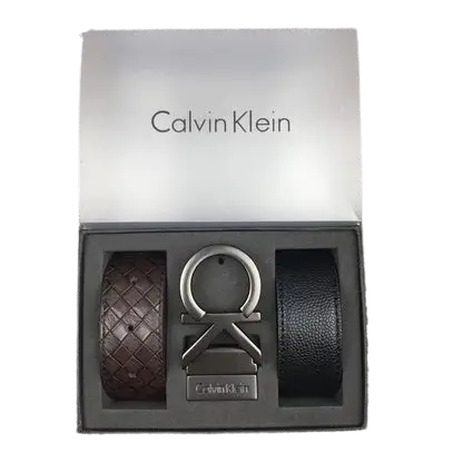 Calvin Klein Belt Set: Black and brown 100% genuine leather belt set with silver stainless steel buckle and luxury gift packaging.