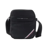 "7 Incredible detailed views of the Legendary Tommy Hilfiger Bag for men in 100% black genuine leather, size 25x20 cm, showcasing its large capacity and premium metal logo."