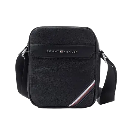 "7 Incredible detailed views of the Legendary Tommy Hilfiger Bag for men in 100% black genuine leather, size 25x20 cm, showcasing its large capacity and premium metal logo."