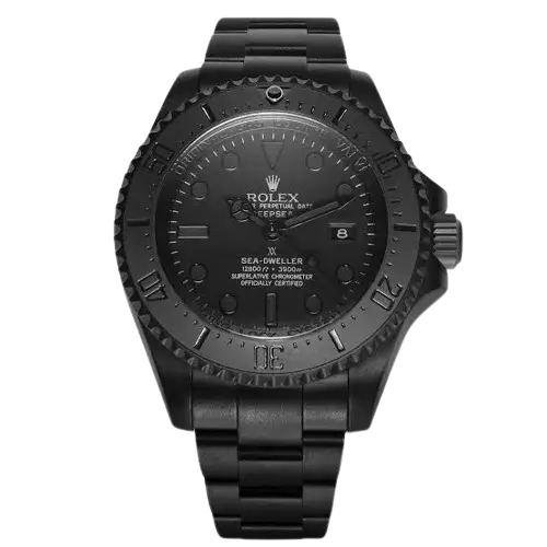 "5 لقطات مذهلة توضح تفاصيل ساعة رولكس سي دويلر الأسطورية للرجال، تبرز الستانلس ستيل الأسود، الهيكل بمقاس 43 ملم، والماكينة الأوتوماتيك."