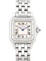 Cartier Panthère Watch: Women's 30mm steel square watch with white dial, Roman numerals, and blue steel hands.