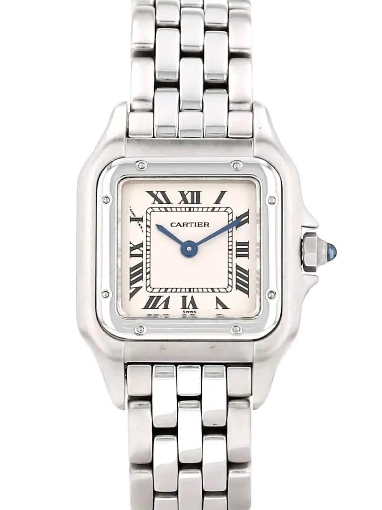 Cartier Panthère Watch: Women's 30mm steel square watch with white dial, Roman numerals, and blue steel hands.