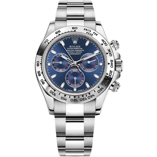 "5 Breathtaking views of the iconic Rolex Daytona Watch with blue dial and silver stainless steel strap, showcasing its mirror original luxury design."