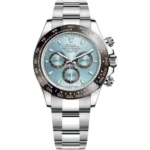 "7 لقطات مذهلة توضح تفاصيل ساعة رولكس دايتونا البلاتين 126506 الأسطورية، تبرز المينا الأزرق الجليدي والإطار السيراميك البني الكستنائي الفاخر."