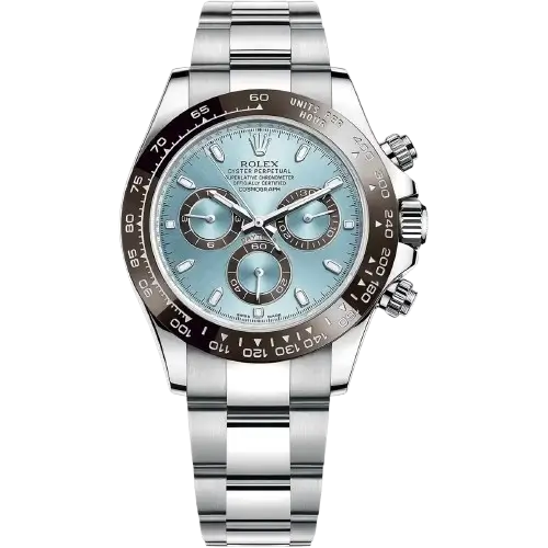 "7 Breathtaking close-up angles of the legendary Rolex Daytona Watch 126506 in Platinum, highlighting the iconic Ice Blue dial and Chestnut Brown ceramic bezel."