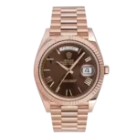 "7 Breathtaking close-up angles of the legendary Rolex Day-Date 40 Watch Ref 228235 in 18k Everose gold, showcasing the incredible chocolate dial and gold Roman numerals."