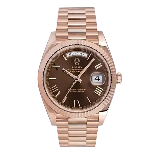 "7 Breathtaking close-up angles of the legendary Rolex Day-Date 40 Watch Ref 228235 in 18k Everose gold, showcasing the incredible chocolate dial and gold Roman numerals."