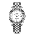 "5 لقطات مذهلة توضح تفاصيل ساعة رولكس ديت جست الأسطورية بمينا أبيض وأرقام رومانية فضية، تبرز التصميم الفاخر الكلاسيكي."