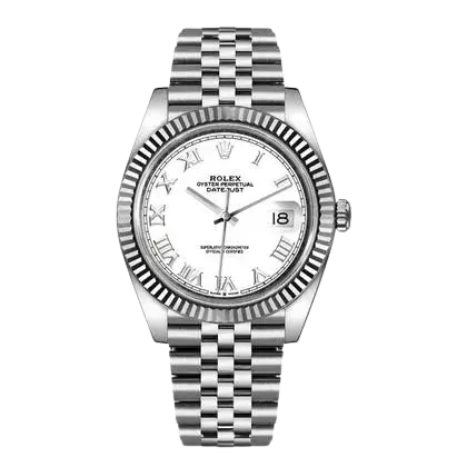 "5 Breathtaking views of the iconic Rolex Datejust Watch with white dial and Roman numerals, showcasing its silver stainless steel luxury design."