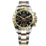 "7 Breathtaking views of the iconic Rolex Daytona Watch with black dial and gold-silver stainless steel strap, highlighting the 42mm automatic luxury movement."