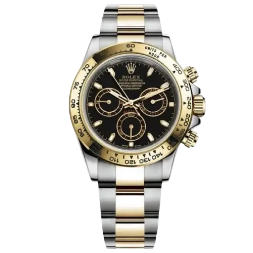 "7 Breathtaking views of the iconic Rolex Daytona Watch with black dial and gold-silver stainless steel strap, highlighting the 42mm automatic luxury movement."