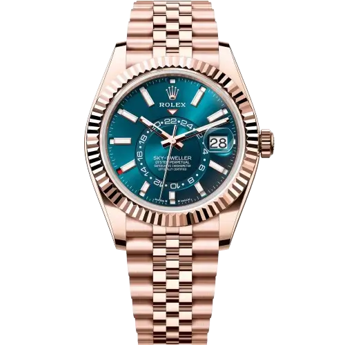 iconic Rolex Sky-Dweller Watch in rose gold stainless steel, featuring the incredible blue dial and 42mm mirror original design."