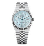 "5 Breathtaking views of the iconic Rolex Land-Dweller Watch with Tiffany Blue honeycomb dial and silver stainless steel strap, showcasing its modern luxury design."