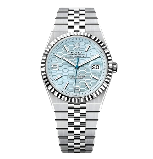 "5 Breathtaking views of the iconic Rolex Land-Dweller Watch with Tiffany Blue honeycomb dial and silver stainless steel strap, showcasing its modern luxury design."