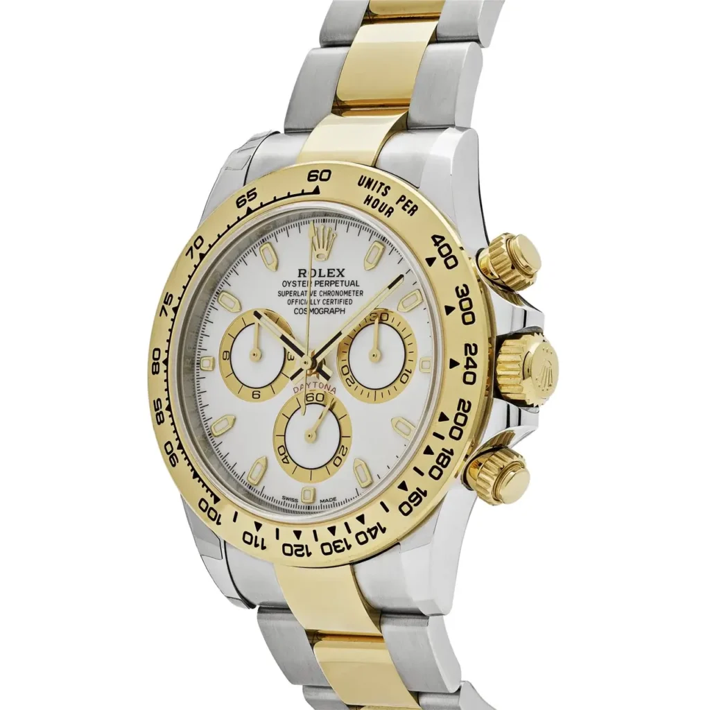 "7 Breathtaking angles of the iconic Rolex Daytona Watch with white dial and silver-gold stainless steel strap, highlighting its 40mm luxury design."