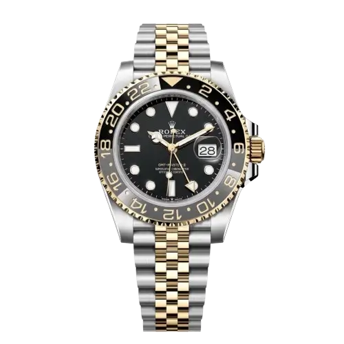 iconic Rolex GMT-Master II Watch in two-tone gold and silver steel, showcasing the incredible black dial and 40mm mirror original design."