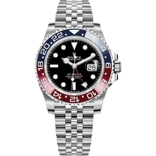 iconic Rolex GMT-Master II Pepsi in silver stainless steel, featuring the incredible blue and red bezel and 40mm mirror original design."