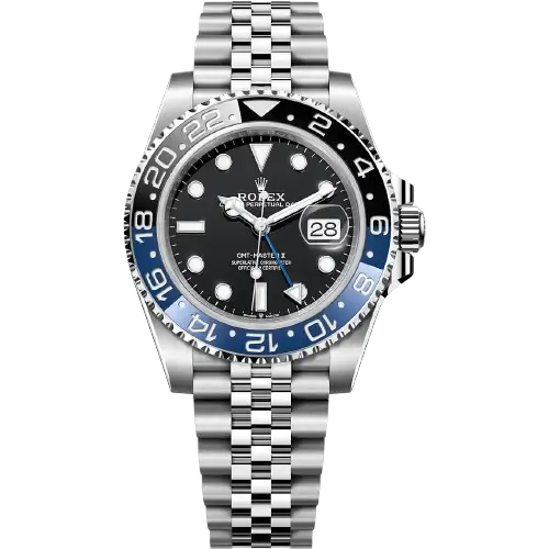 iconic Rolex GMT-Master II Watch in silver stainless steel, featuring the incredible black dial and 40mm mirror original design."