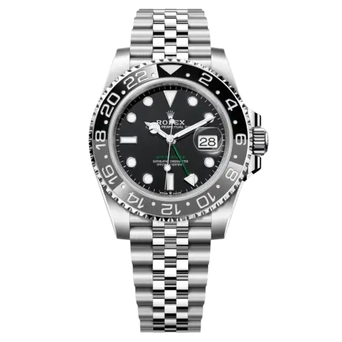 iconic Rolex GMT-Master Watch in silver stainless steel, featuring the incredible black dial and 40mm mirror original design."