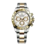 "7 Breathtaking angles of the iconic Rolex Daytona Watch with white dial and silver-gold stainless steel strap, highlighting its 40mm luxury design."