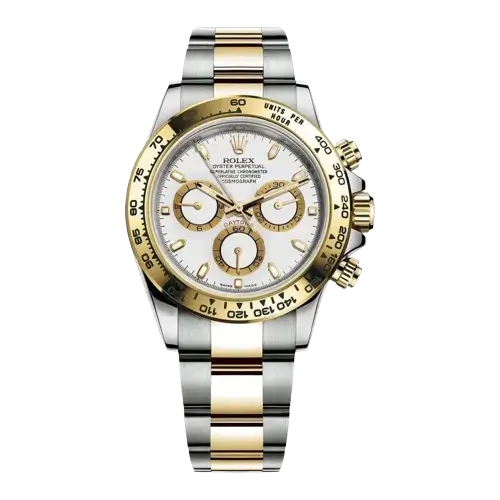 "7 Breathtaking angles of the iconic Rolex Daytona Watch with white dial and silver-gold stainless steel strap, highlighting its 40mm luxury design."
