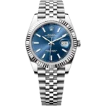 "5 Breathtaking views of the iconic Rolex Datejust Watch with blue dial and silver stainless steel strap, highlighting its premium luxury design."