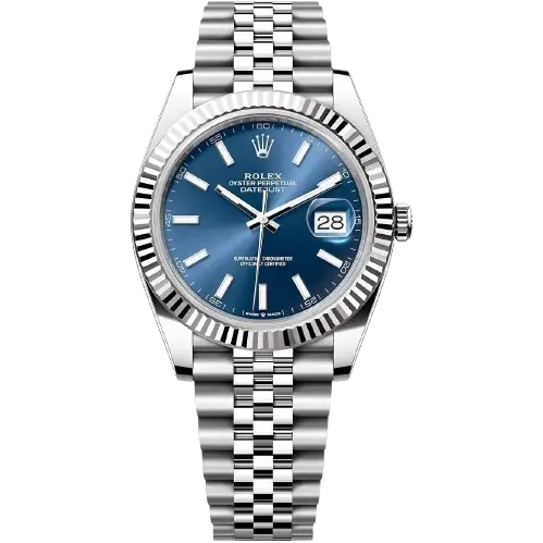 "5 Breathtaking views of the iconic Rolex Datejust Watch with blue dial and silver stainless steel strap, highlighting its premium luxury design."