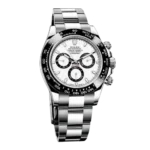 "7 Incredible angles of the legendary Rolex Daytona Watch with white dial and silver stainless steel strap, highlighting its Japanese automatic movement and Swiss design."