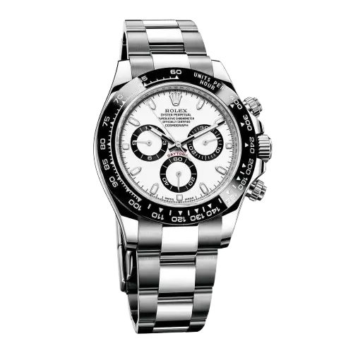 "7 Incredible angles of the legendary Rolex Daytona Watch with white dial and silver stainless steel strap, highlighting its Japanese automatic movement and Swiss design."