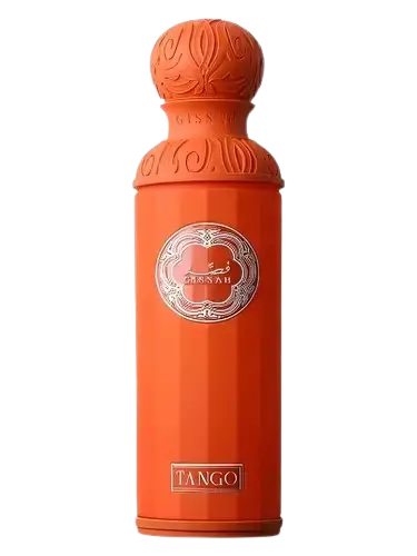 "لقطة مذهلة لزجاجة عطر تانغو من قصة الأيقونية سعة 200 مل، تبرز لونها البرتقالي المشرق والنقوش النباتية الـ أساطيرية البارزة."