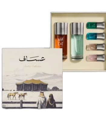 breathtaking view of the iconic Assaf Bakhur Collection Set box featuring traditional heritage illustrations of a desert tent and horses.