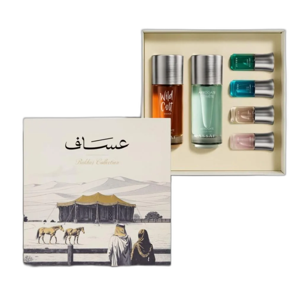 مجموعة بخور عساف المذهلة المكونة من 6 قطع، تظهر الزجاجات الكبيرة الـ أسطورية والـ 4 عطور المخصصة للتوزيعات.