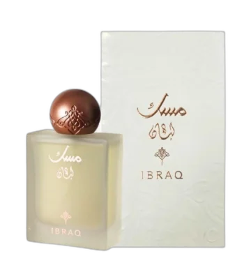 A breathtaking view of the iconic Musk Al-Luban Perfume 75ml bottle next to its legendary white luxury packaging box from the Ibraq collection."