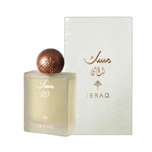 A breathtaking view of the iconic Musk Al-Luban Perfume 75ml bottle next to its legendary white luxury packaging box from the Ibraq collection."