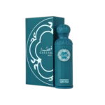 The incredible Gissah Akoya Perfume 200ml bottle presented next to its legendary luxury teal and white packaging box."