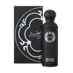A breathtaking view of the iconic Gissah Mavro Perfume 200ml bottle presented next to its sleek legendary black luxury packaging box."