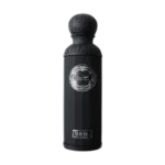 A breathtaking view of the iconic Gissah Mavro Perfume 200ml bottle presented next to its sleek legendary black luxury packaging box."