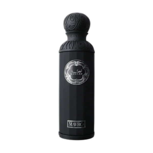 A breathtaking view of the iconic Gissah Mavro Perfume 200ml bottle presented next to its sleek legendary black luxury packaging box."