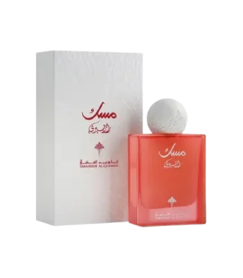 he incredible radiant red 75ml bottle of Musk Raspberry, showcasing its iconic white cap and legendary Ibrahim Al-Qurashi branding."