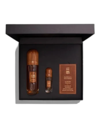 A breathtaking open view of the iconic Vintage Tobacco Set box, showcasing the legendary 100ml bottle and the incredible 10ml travel spray."